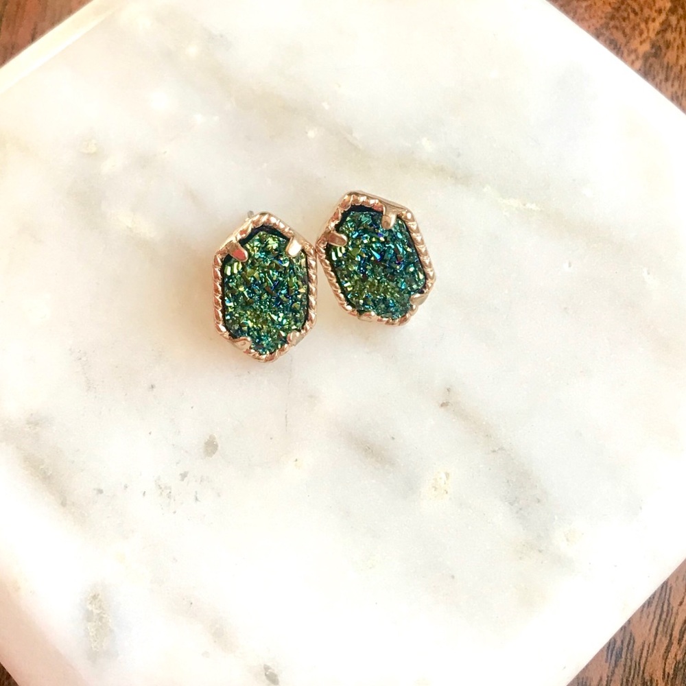 Gold & Chameleon Dainty Druzy Stud Post Earrings - Picture 2 of 4
